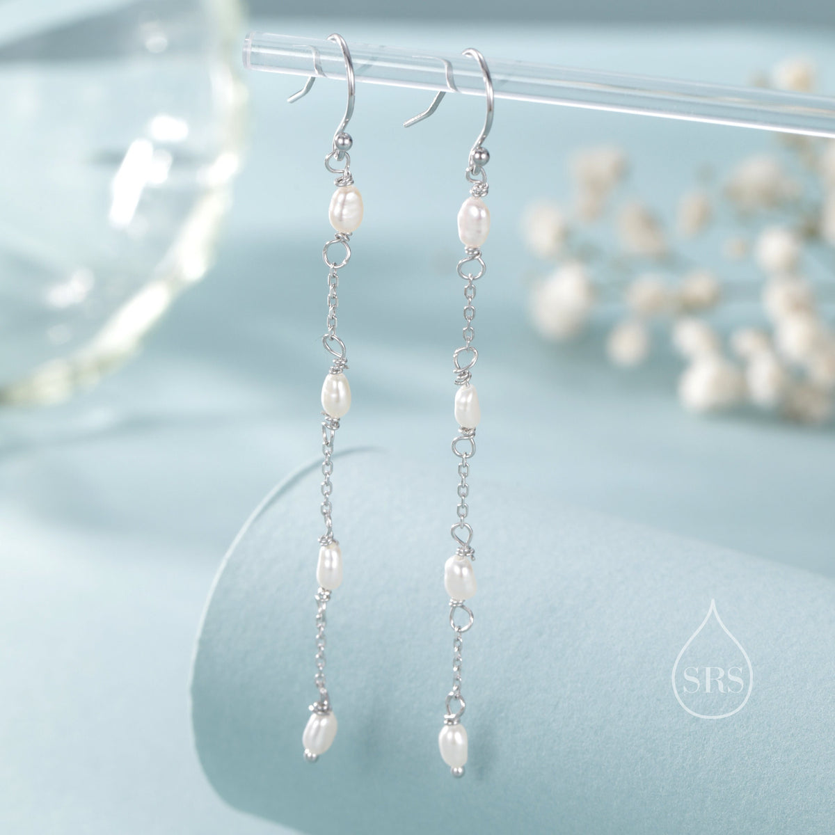 Oval Freshwater Pearl Long Drop Hook Earrings in Sterling Silver