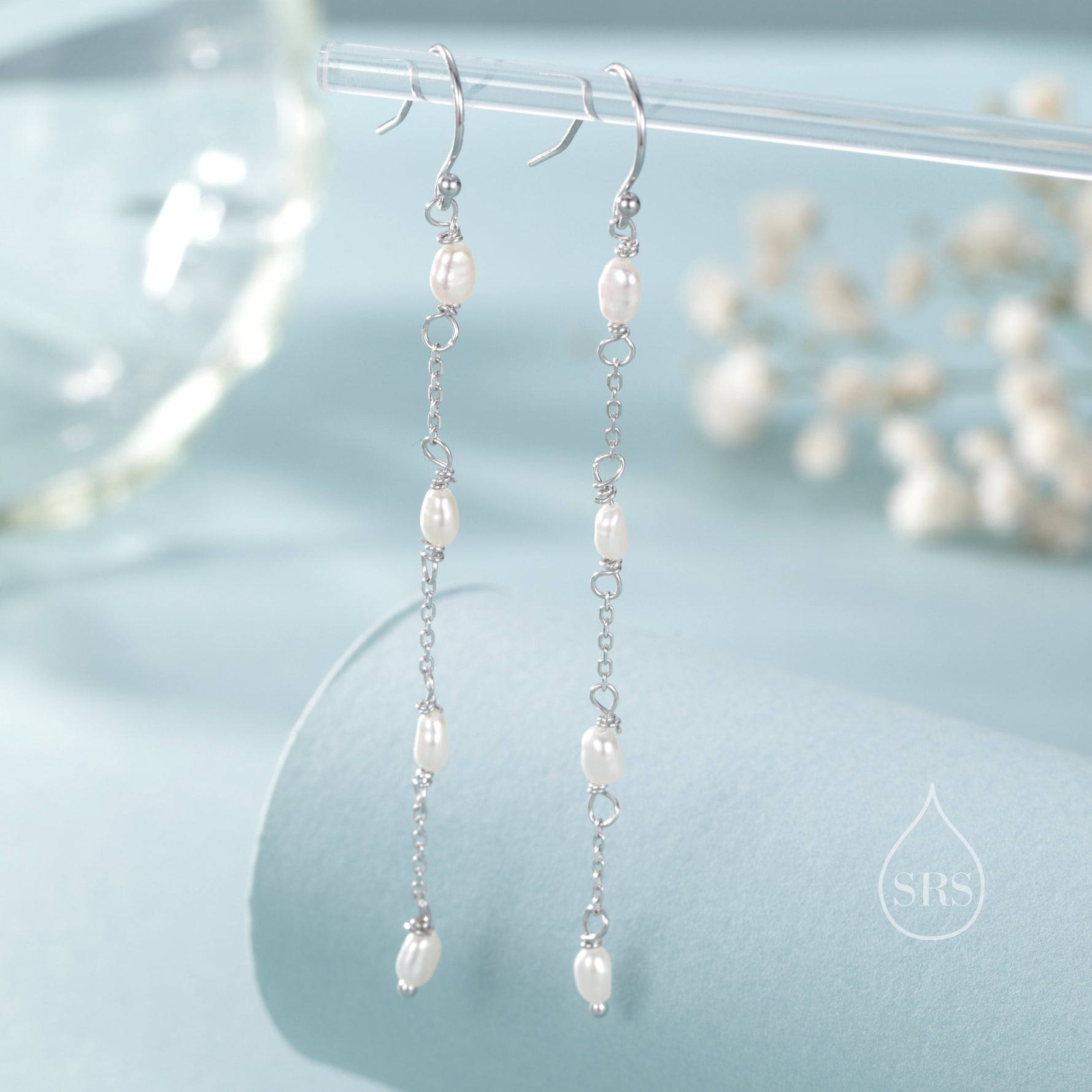 Oval Freshwater Pearl Long Drop Hook Earrings in Sterling Silver