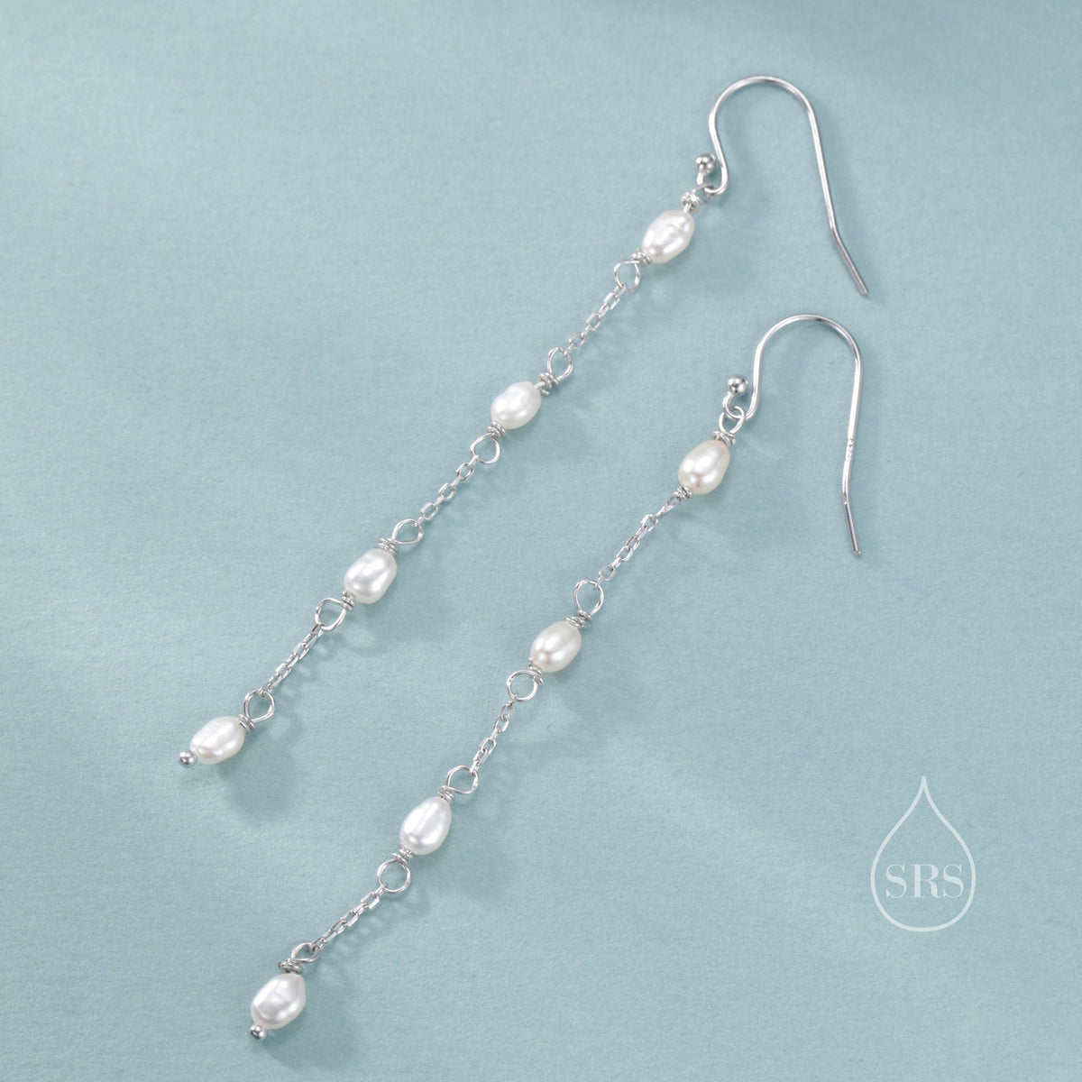 Oval Freshwater Pearl Long Drop Hook Earrings in Sterling Silver