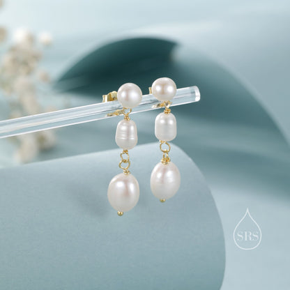 Irregular Shaped Freshwater Pearl Trio Drop Hook Earrings in Sterling Silver, Silver or Gold, Baroque Pearl Drop Earrings, Natural Pearls