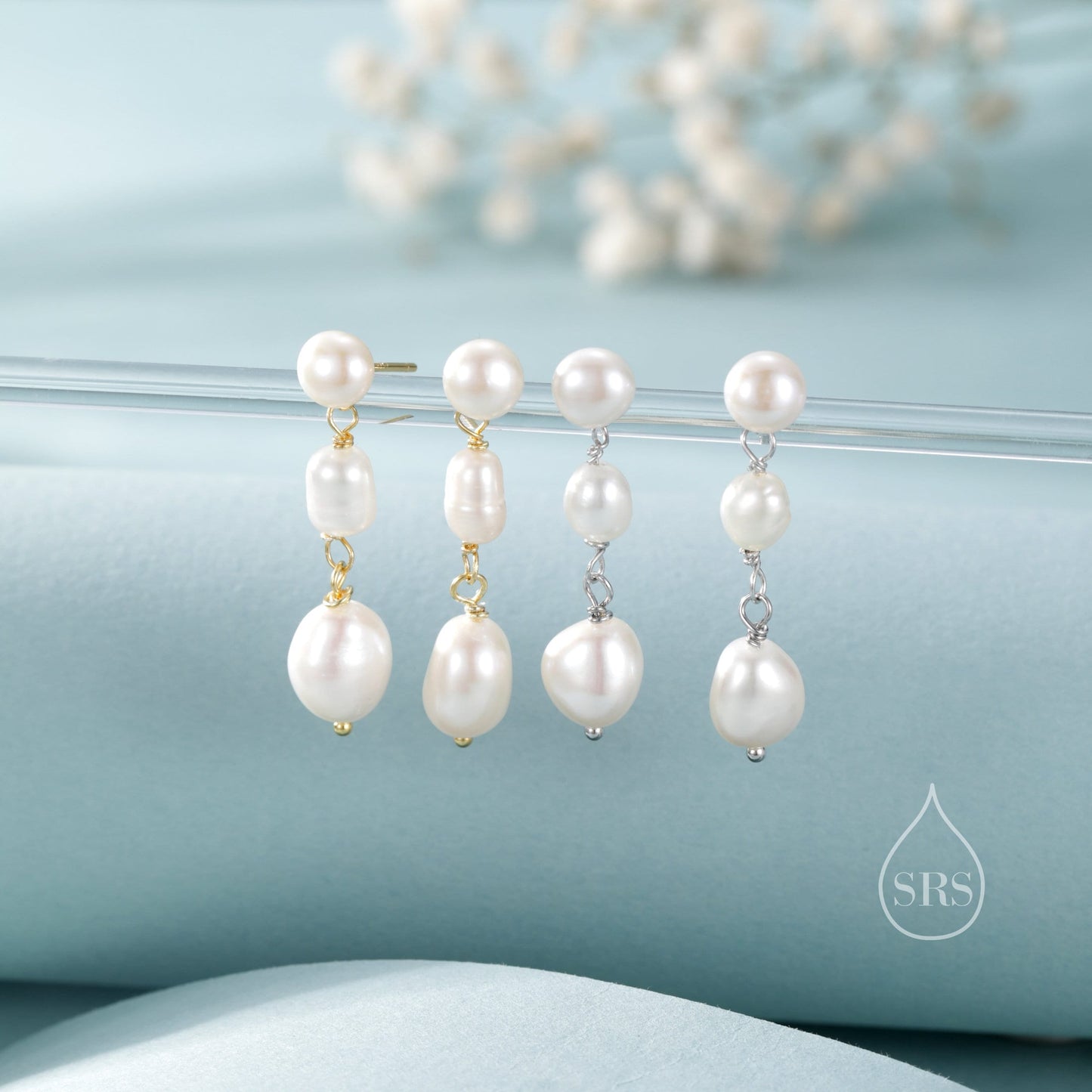 Irregular Shaped Freshwater Pearl Trio Drop Hook Earrings in Sterling Silver, Silver or Gold, Baroque Pearl Drop Earrings, Natural Pearls