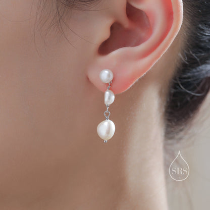 Irregular Shaped Freshwater Pearl Trio Drop Hook Earrings in Sterling Silver, Silver or Gold, Baroque Pearl Drop Earrings, Natural Pearls
