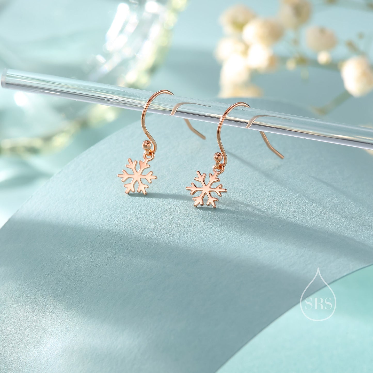 Minimalist Snowflake Drop Hook Earrings in Sterling Silver, Silver, Gold or Rose Gold, Delicate Snowflake Earrings, Snow Earrings