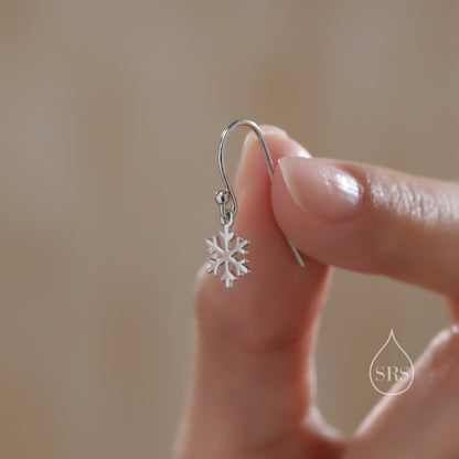 Minimalist Snowflake Drop Hook Earrings in Sterling Silver, Silver, Gold or Rose Gold, Delicate Snowflake Earrings, Snow Earrings