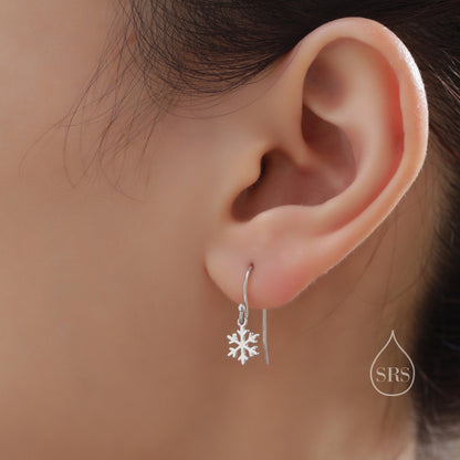 Minimalist Snowflake Drop Hook Earrings in Sterling Silver, Silver, Gold or Rose Gold, Delicate Snowflake Earrings, Snow Earrings