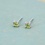 Extra Tiny 3mm Natural Peridot Stud Earrings in Sterling Silver, Four Prong Set, Genuine Peridot Gemstone Stud, Minimalist Style