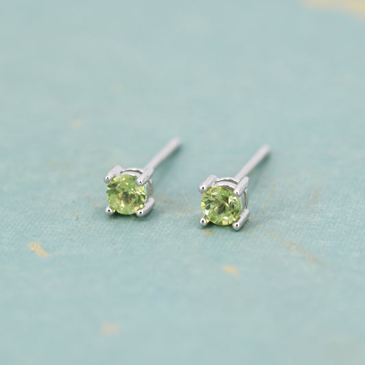 Extra Tiny 3mm Natural Peridot Stud Earrings in Sterling Silver, Four Prong Set, Genuine Peridot Gemstone Stud, Minimalist Style
