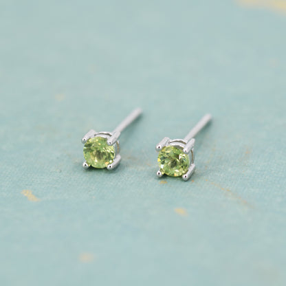 Extra Tiny 3mm Natural Peridot Stud Earrings in Sterling Silver, Four Prong Set, Genuine Peridot Gemstone Stud, Minimalist Style