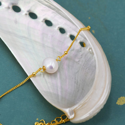 Sterling Silver Natural Pearl Bracelet with a Satellite Chain, Single Genuine Pearl Bracelet, Freshwater Pearl Bracelet, Silver or Gold