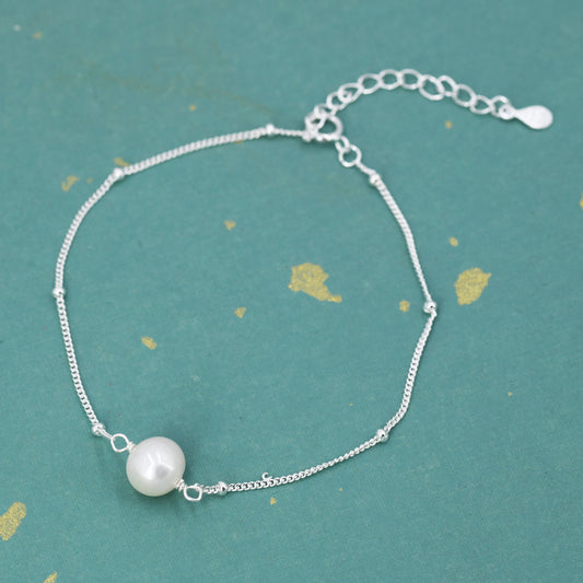 Sterling Silver Natural Pearl Bracelet with a Satellite Chain, Single Genuine Pearl Bracelet, Freshwater Pearl Bracelet, Silver or Gold