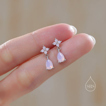 Sterling Silver Four CZ and Droplet Stud Earrings with Opal Pink CZs, Silver or Gold, Hydrangea CZ Earrings with Pong Set Dangle Dropet