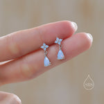 Sterling Silver Four CZ and Droplet Stud Earrings with Opal Blue CZs, Silver or Gold, Hydrangea CZ Earrings with Pong Set Dangle Dropet