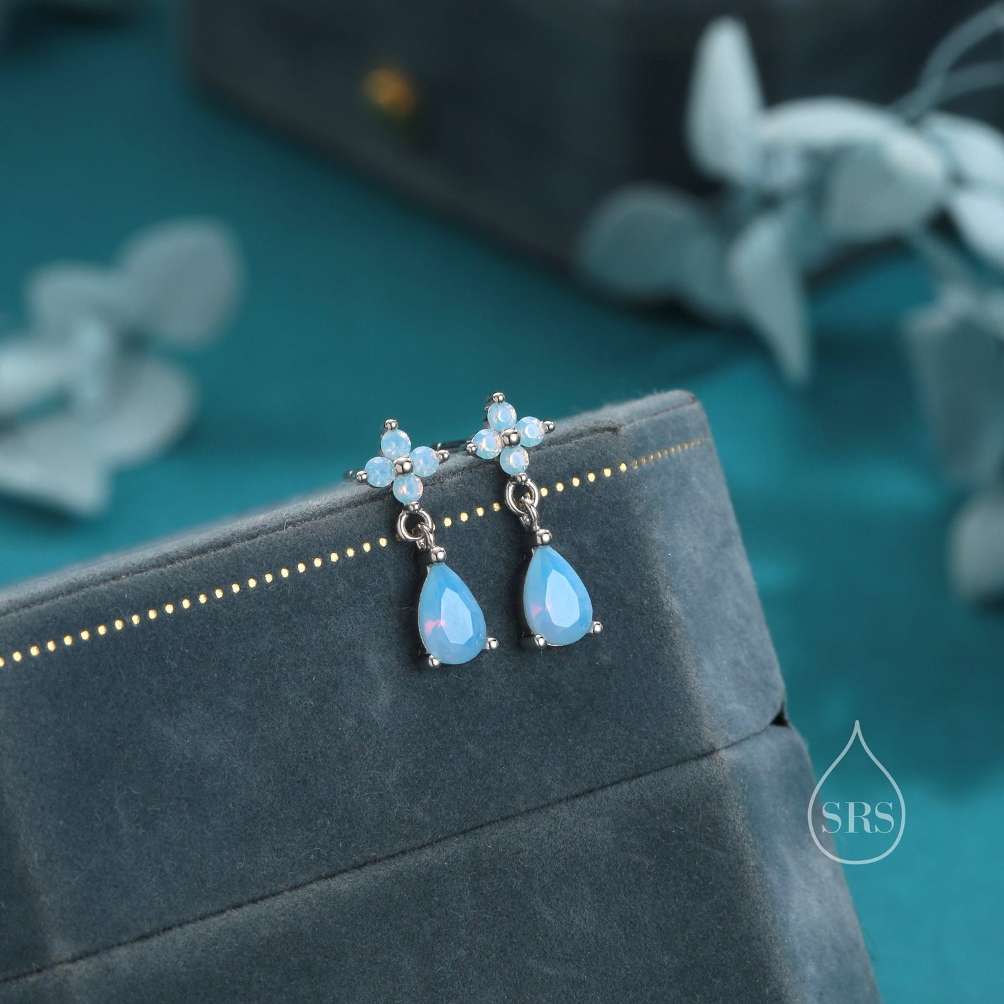 Sterling Silver Four CZ and Droplet Stud Earrings with Opal Blue CZs, Silver or Gold, Hydrangea CZ Earrings with Pong Set Dangle Dropet