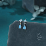 Sterling Silver Four CZ and Droplet Stud Earrings with Opal Blue CZs, Silver or Gold, Hydrangea CZ Earrings with Pong Set Dangle Dropet