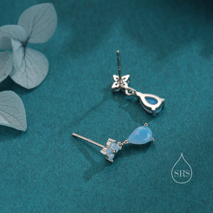 Sterling Silver Four CZ and Droplet Stud Earrings with Opal Blue CZs, Silver or Gold, Hydrangea CZ Earrings with Pong Set Dangle Dropet