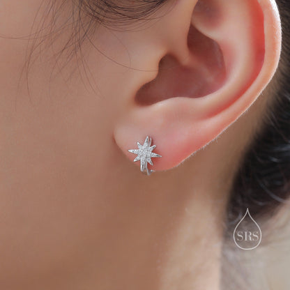 CZ Starburst Huggie Hoop Earrings in Sterling Silver, Silver or Gold, Minimalist North Star Earrings, Sunburst Earrings, Celestial