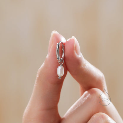 Genuine Oval Pearl with Skinny Hoop Earrings in Sterling Silver, Detachable Freshwater Pearl Hoop Earrings, Natural Pearl Huggie Hoops