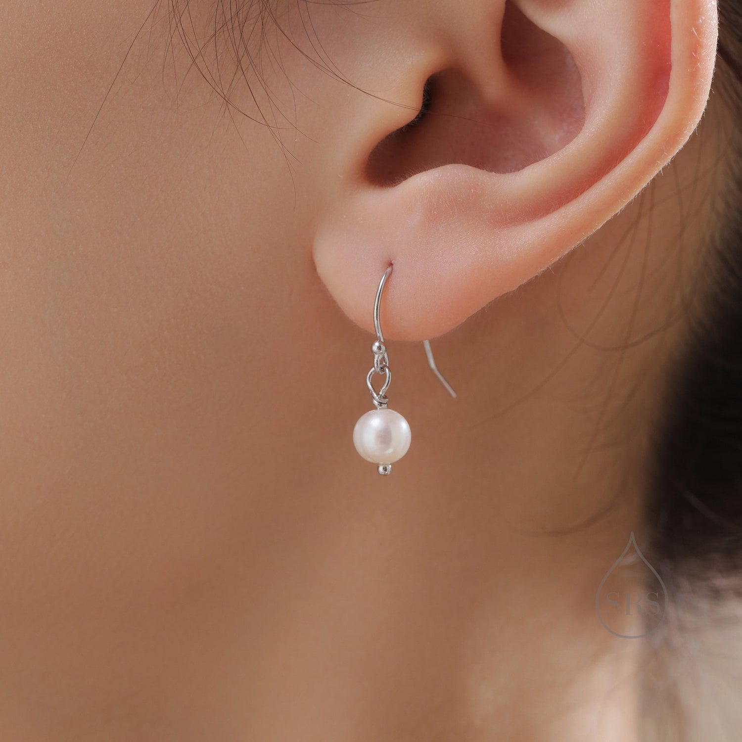 Natural Freshwater Pearl Drop Hook Earrings in Sterling Silver, Silver or Gold, 6mm Irregular Shaped Round Pearl Earrings, Minimalist