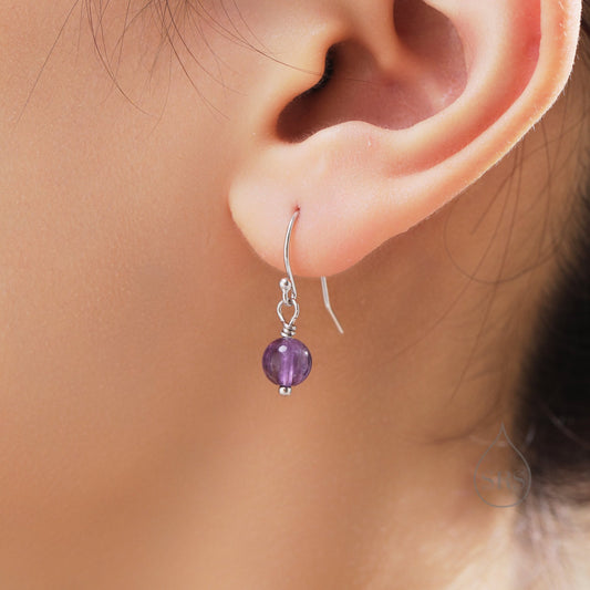 Natural Amethyst Bead Hook Earrings in Sterling Silver, 6mm Amethyst Earrings, Silver or Gold, Genuine Amethyst Drop Earrings