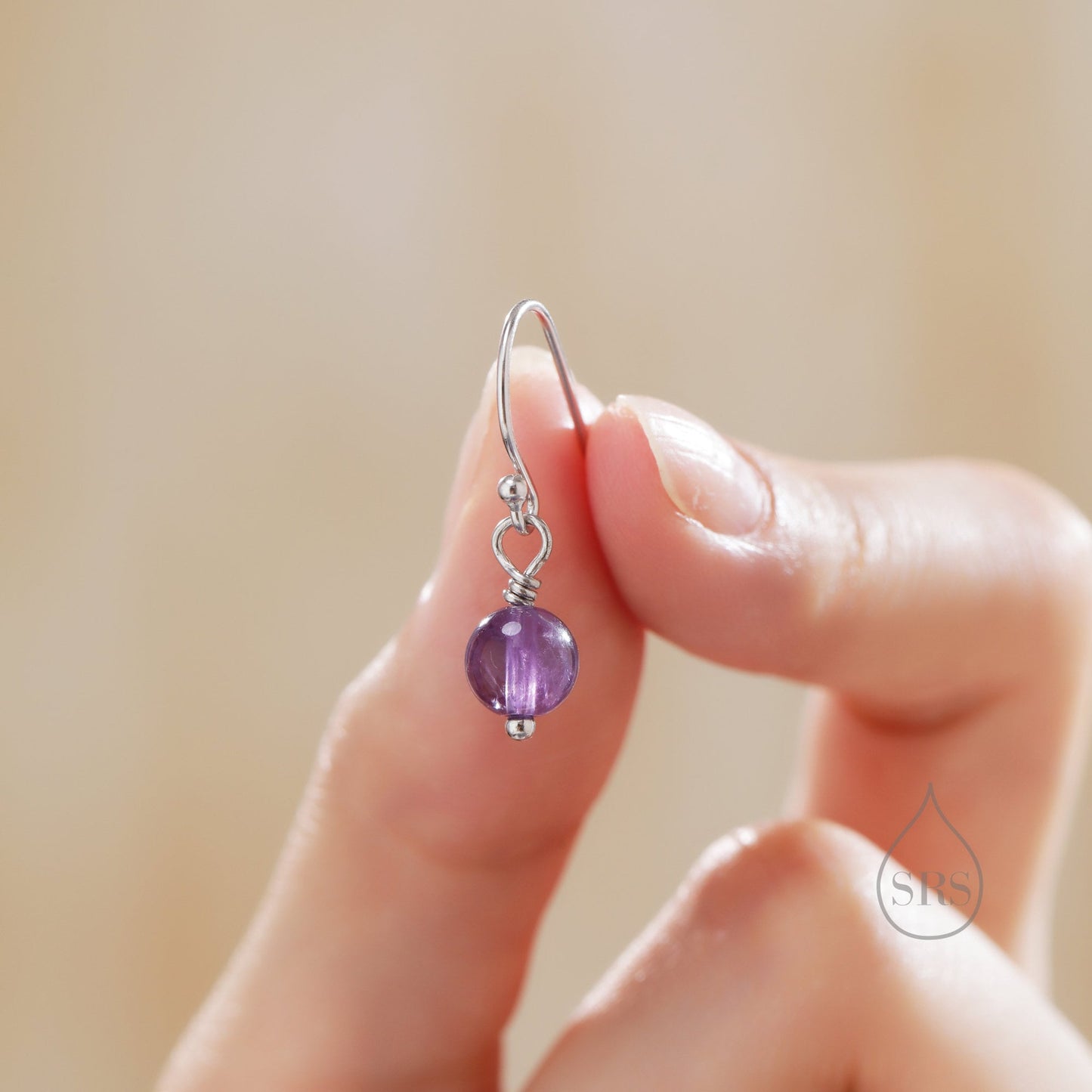 Natural Amethyst Bead Hook Earrings in Sterling Silver, 6mm Amethyst Earrings, Silver or Gold, Genuine Amethyst Drop Earrings