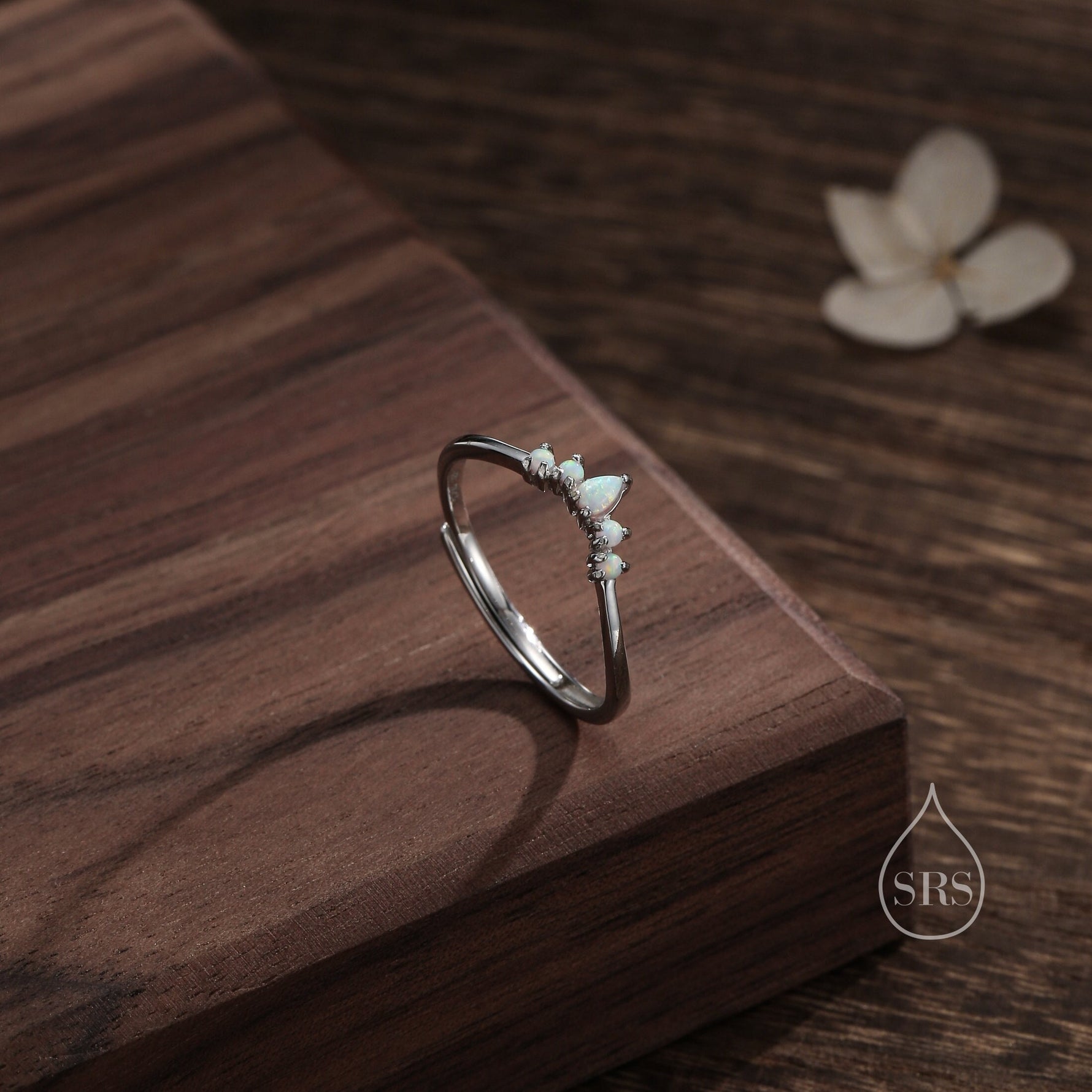 White Opal Chevron Ring in Sterling Silver, Fire Opal Crown Ring, Lab Opal Tiara V Ring, Adjustable Size, Nesting Band, Curved Wedding Ring