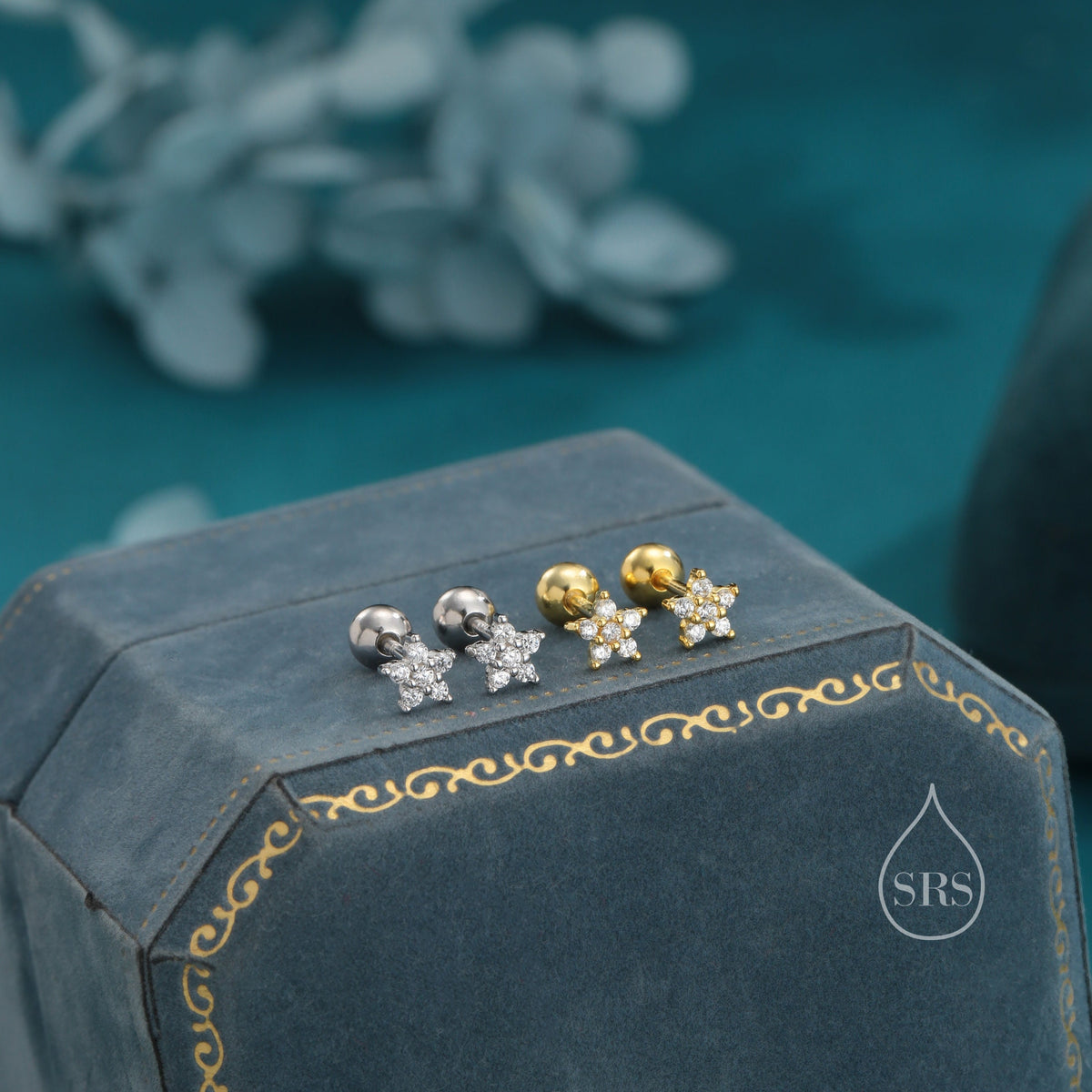 Very Tiny Flower CZ Screw Back Earrings in Sterling Silver, Forget Me Not Floral CZ Earrings, Silver or Gold, Flower CZ Earrings