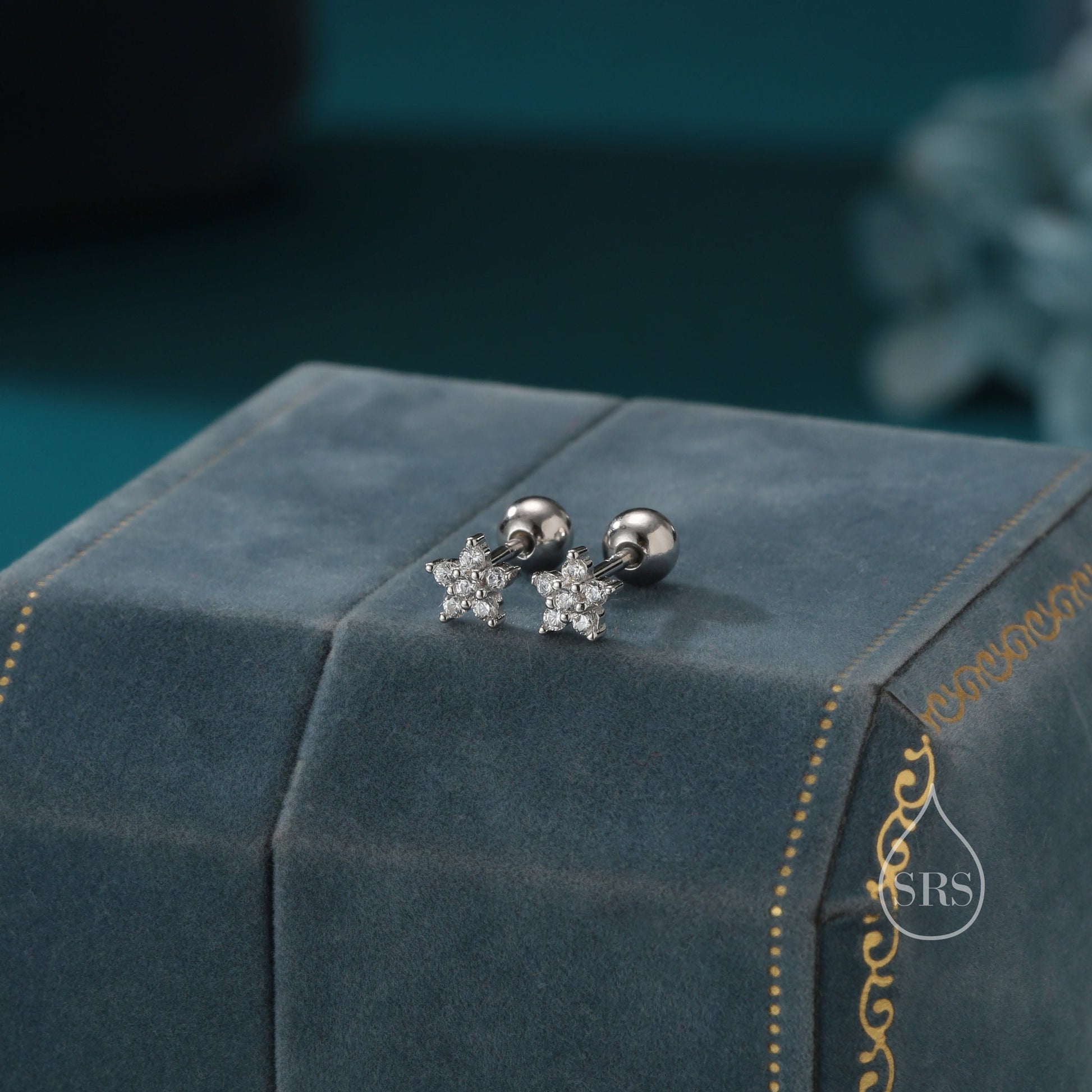 Tiny Flower CZ Internally Threaded Flat Back/ Screw Back Earrings in Sterling Silver, Forget Me Not Floral CZ Earrings, Silver or Gold