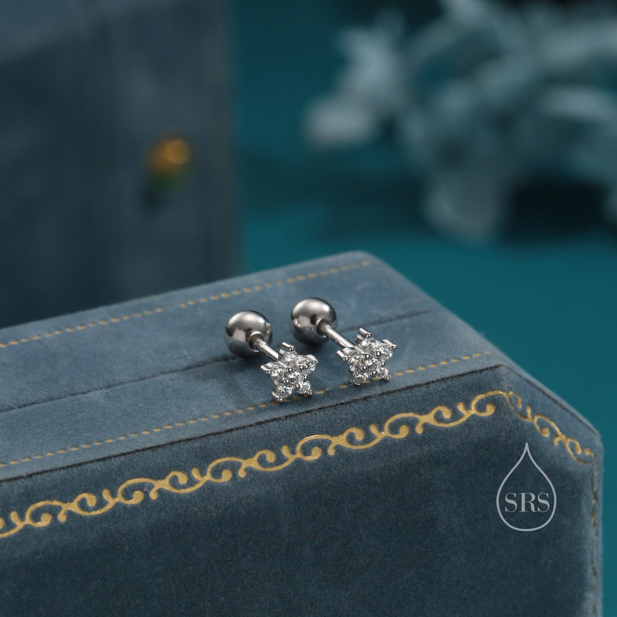 Very Tiny Flower CZ Screw Back Earrings in Sterling Silver, Forget Me Not Floral CZ Earrings, Silver or Gold, Flower CZ Earrings