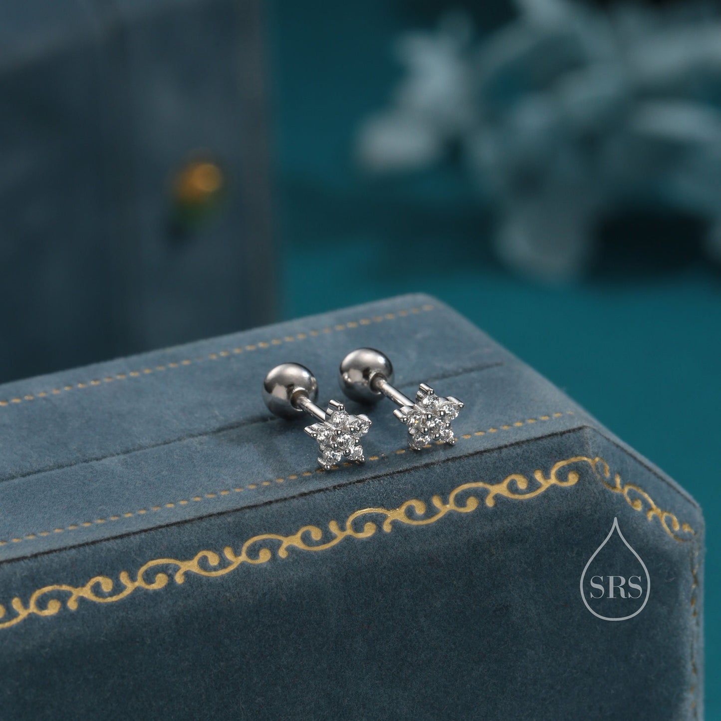 Tiny Flower CZ Internally Threaded Flat Back/ Screw Back Earrings in Sterling Silver, Forget Me Not Floral CZ Earrings, Silver or Gold