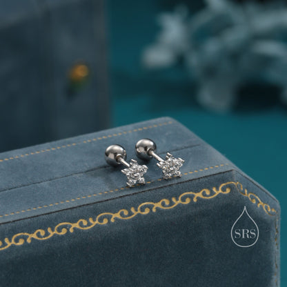 Tiny Flower CZ Internally Threaded Flat Back/ Screw Back Earrings in Sterling Silver, Forget Me Not Floral CZ Earrings, Silver or Gold