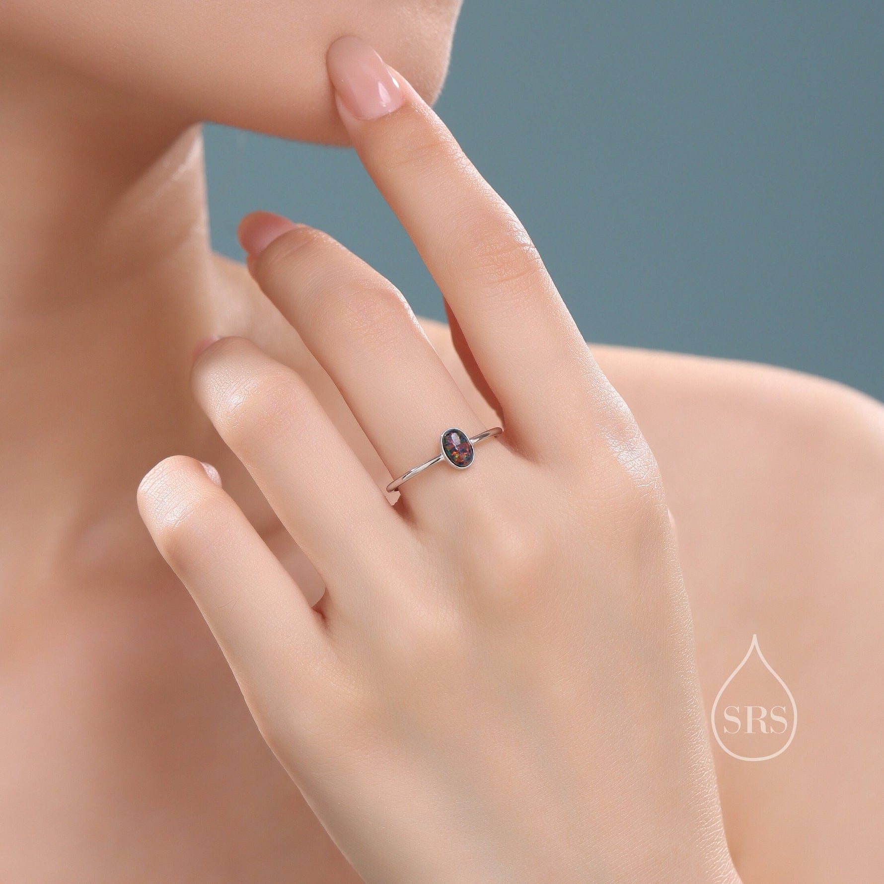 Black Opal Oval Ring in Sterling Silver, US 5 - 8, Lab Created Black Opal Stone Ring, Simulated Black Opal Ring