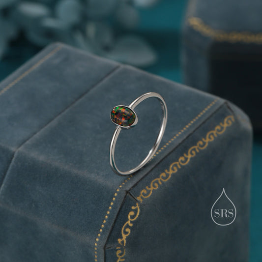 Black Opal Oval Ring in Sterling Silver, US 5 - 8, Lab Created Black Opal Stone Ring, Simulated Black Opal Ring