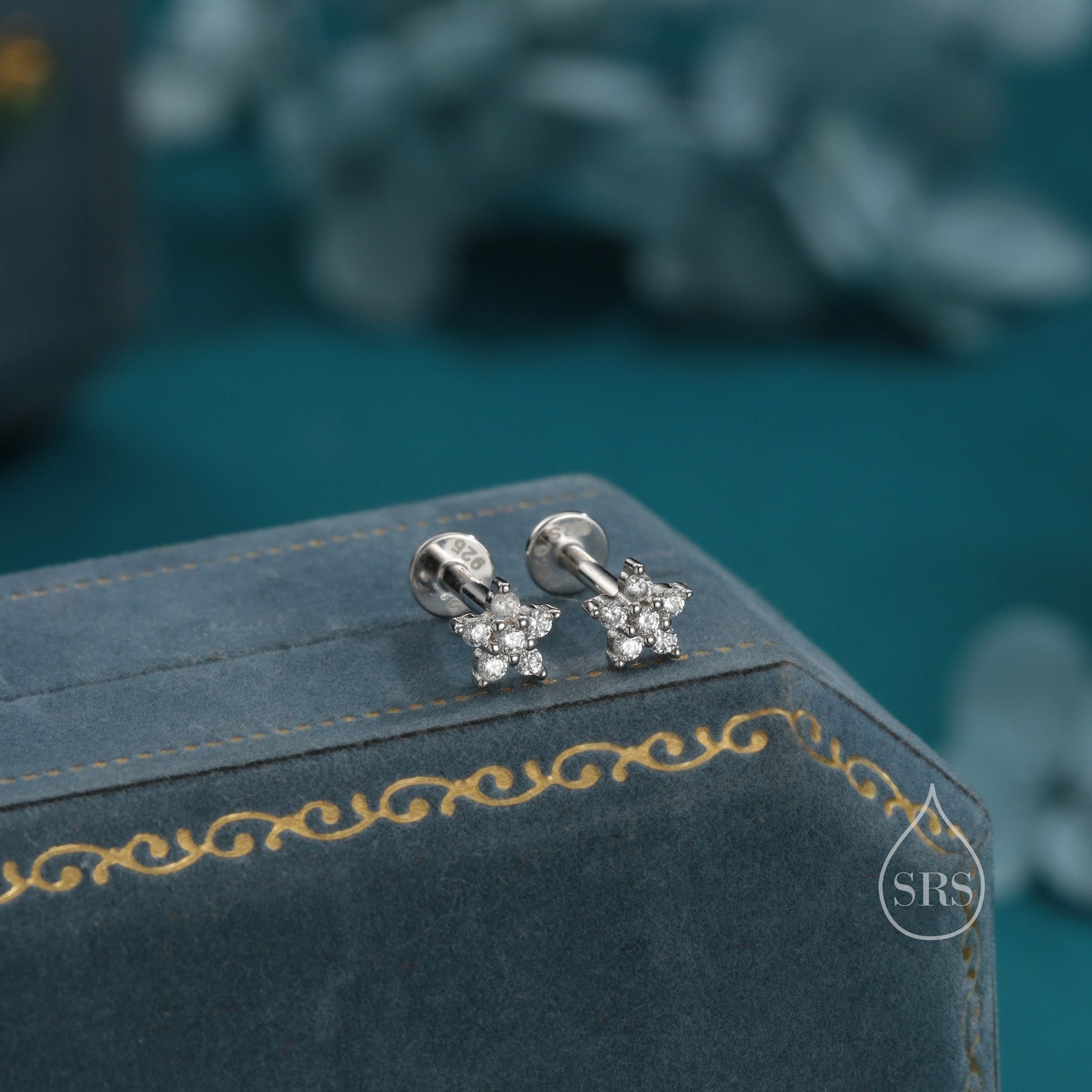 Tiny Flower CZ Internally Threaded Flat Back/ Screw Back Earrings in Sterling Silver, Forget Me Not Floral CZ Earrings, Silver or Gold