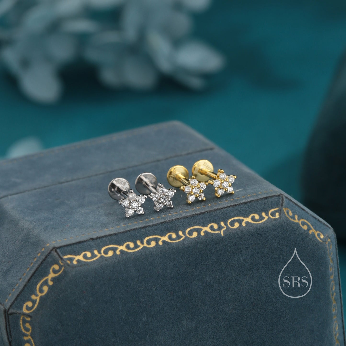 Tiny Flower CZ Internally Threaded Flat Back/ Screw Back Earrings in Sterling Silver, Forget Me Not Floral CZ Earrings, Silver or Gold