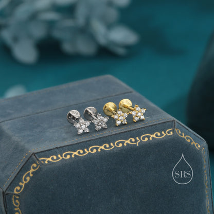 Tiny Flower CZ Internally Threaded Flat Back/ Screw Back Earrings in Sterling Silver, Forget Me Not Floral CZ Earrings, Silver or Gold