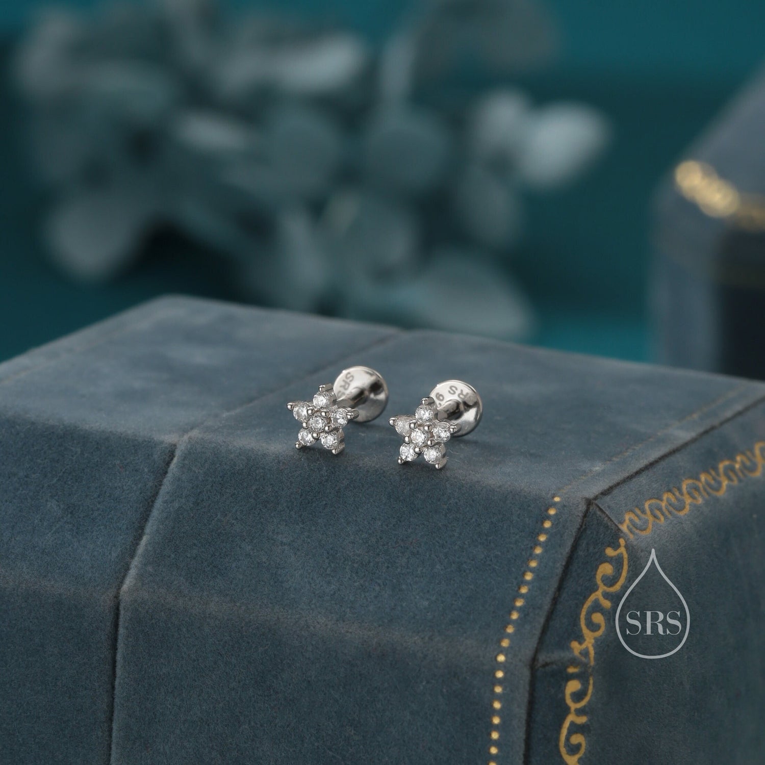 Tiny Flower CZ 16G Internally Threaded Flat Back Earrings in Sterling Silver