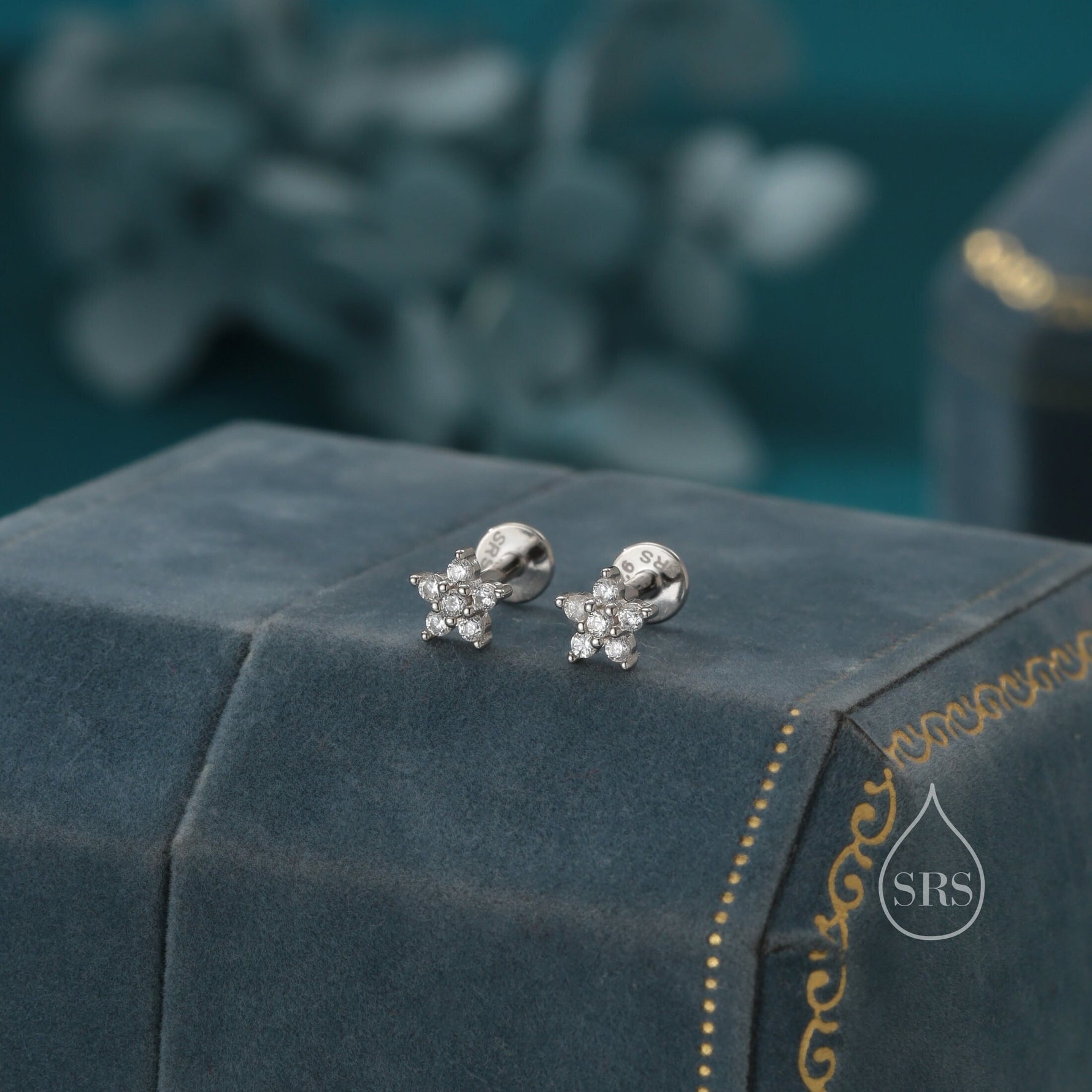 Tiny Flower CZ 16G Internally Threaded Flat Back Earrings in Sterling Silver