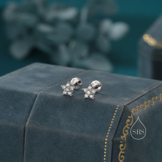 Tiny Flower CZ Internally Threaded Flat Back/ Screw Back Earrings in Sterling Silver, Forget Me Not Floral CZ Earrings, Silver or Gold