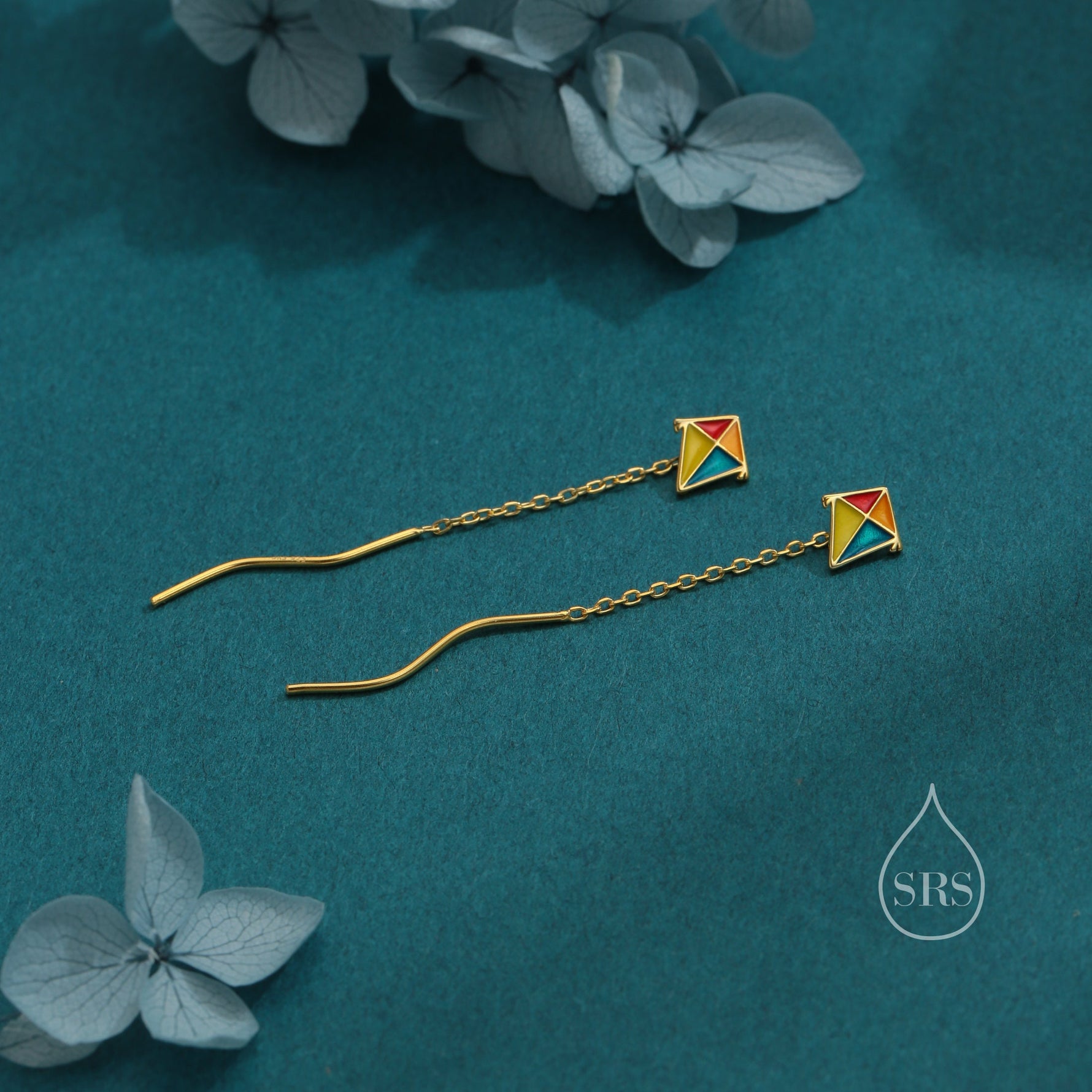 Sterling Silver Flying Kite Threader Earrings, Silver or Gold, Enamel Kite Dangle Drop Earrings, Cute and Quirky Design
