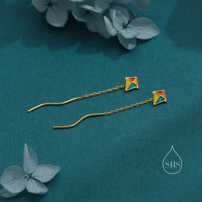 Sterling Silver Flying Kite Threader Earrings, Silver or Gold, Enamel Kite Dangle Drop Earrings, Cute and Quirky Design