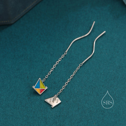 Sterling Silver Flying Kite Threader Earrings, Silver or Gold, Enamel Kite Dangle Drop Earrings, Cute and Quirky Design