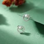 Pave Circle with Pearls Stud Earrings in Sterling Silver, CZ Pave, Genuine Freshwater Pearls