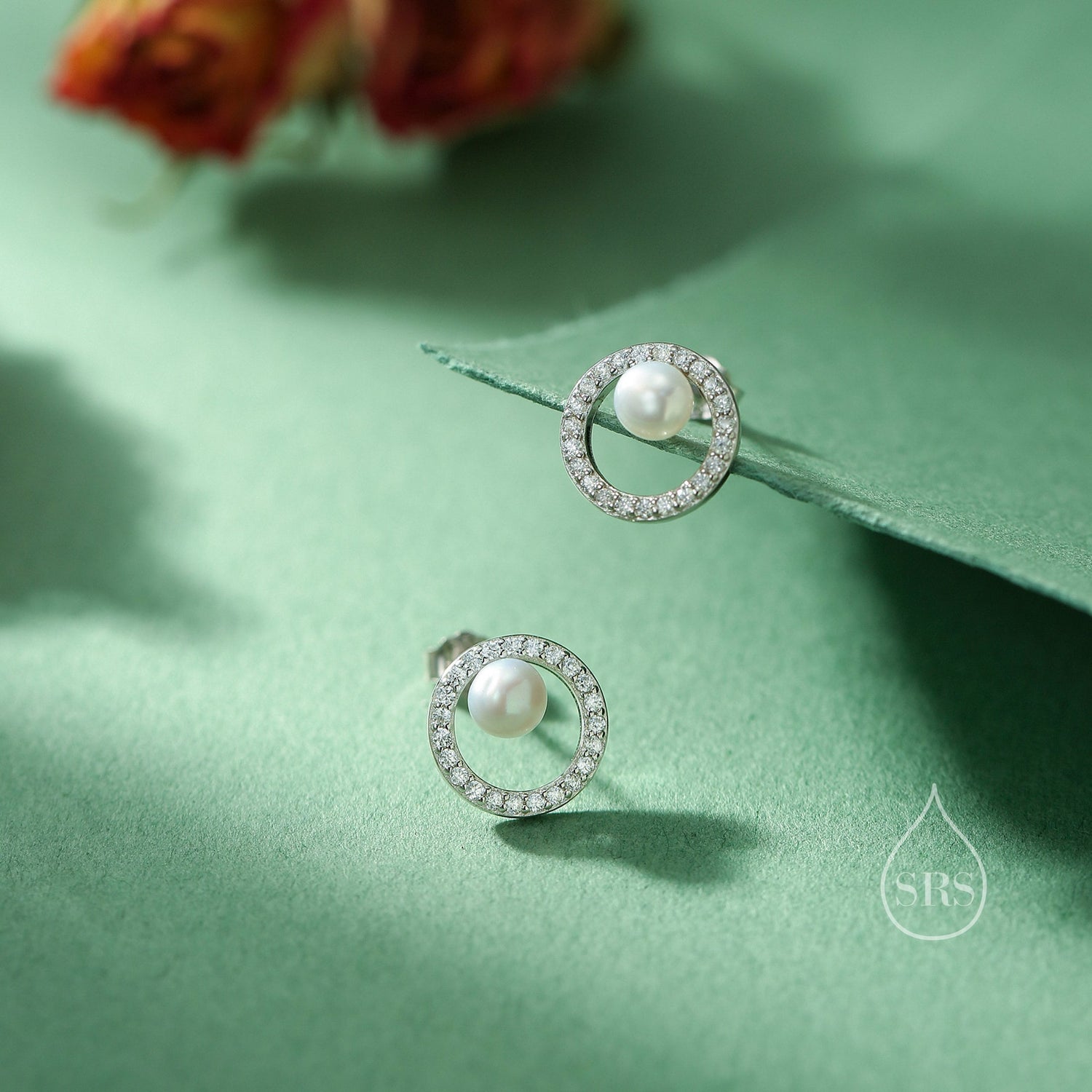 Pave Circle with Pearls Stud Earrings in Sterling Silver, CZ Pave, Genuine Freshwater Pearls
