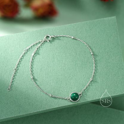 Genuine Malachite Bracelet in Sterling Silver, Natural Malachite Bracelet, Silver Single Malachite Bracelet with Satellite Chain