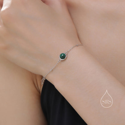 Genuine Malachite Bracelet in Sterling Silver, Natural Malachite Bracelet, Silver Single Malachite Bracelet with Satellite Chain