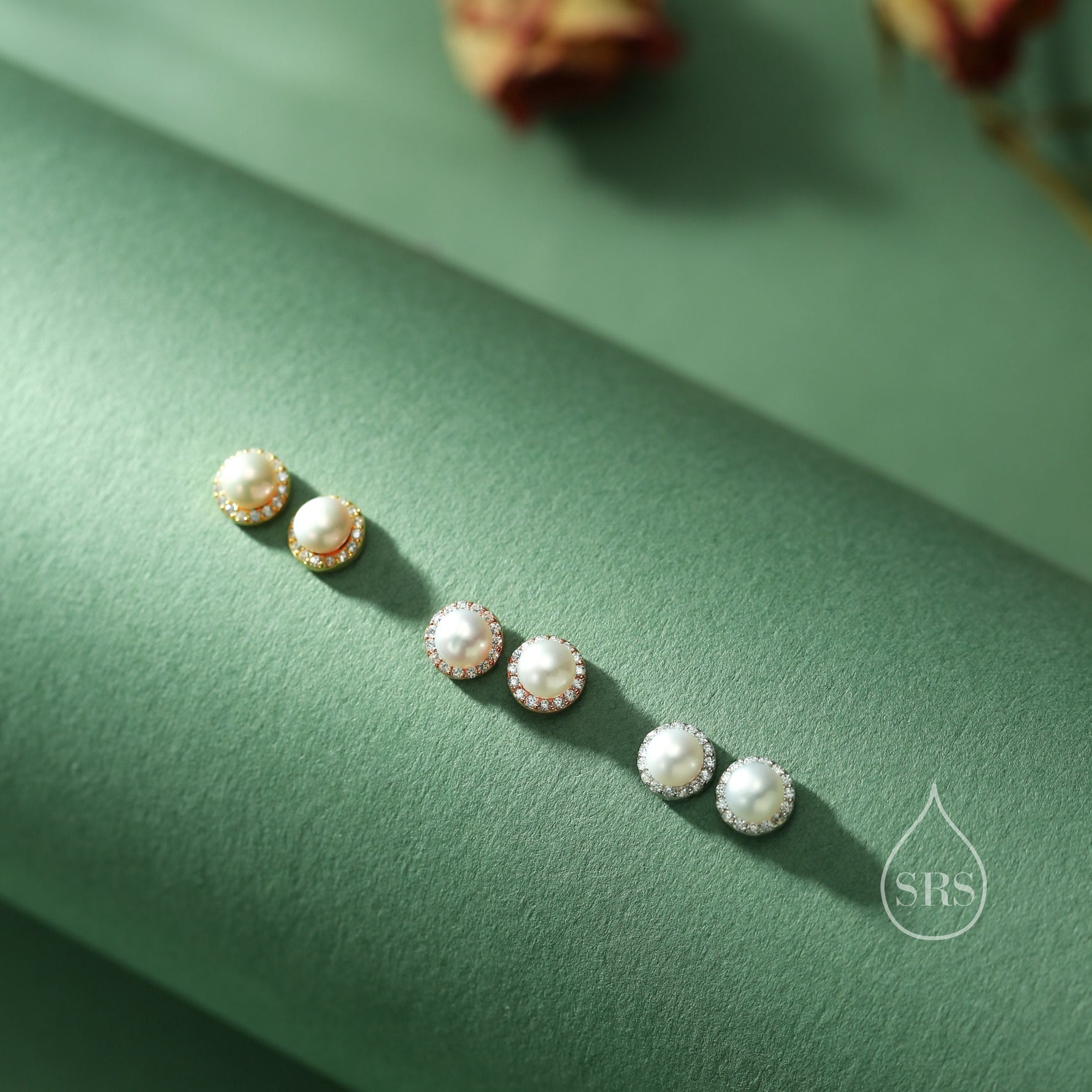 Genuine Freshwater Pearl CZ Stud Earrings in Sterling Silver, Delicate Keshi Pearl Halo CZ Earrings, Genuine Freshwater Pearls.