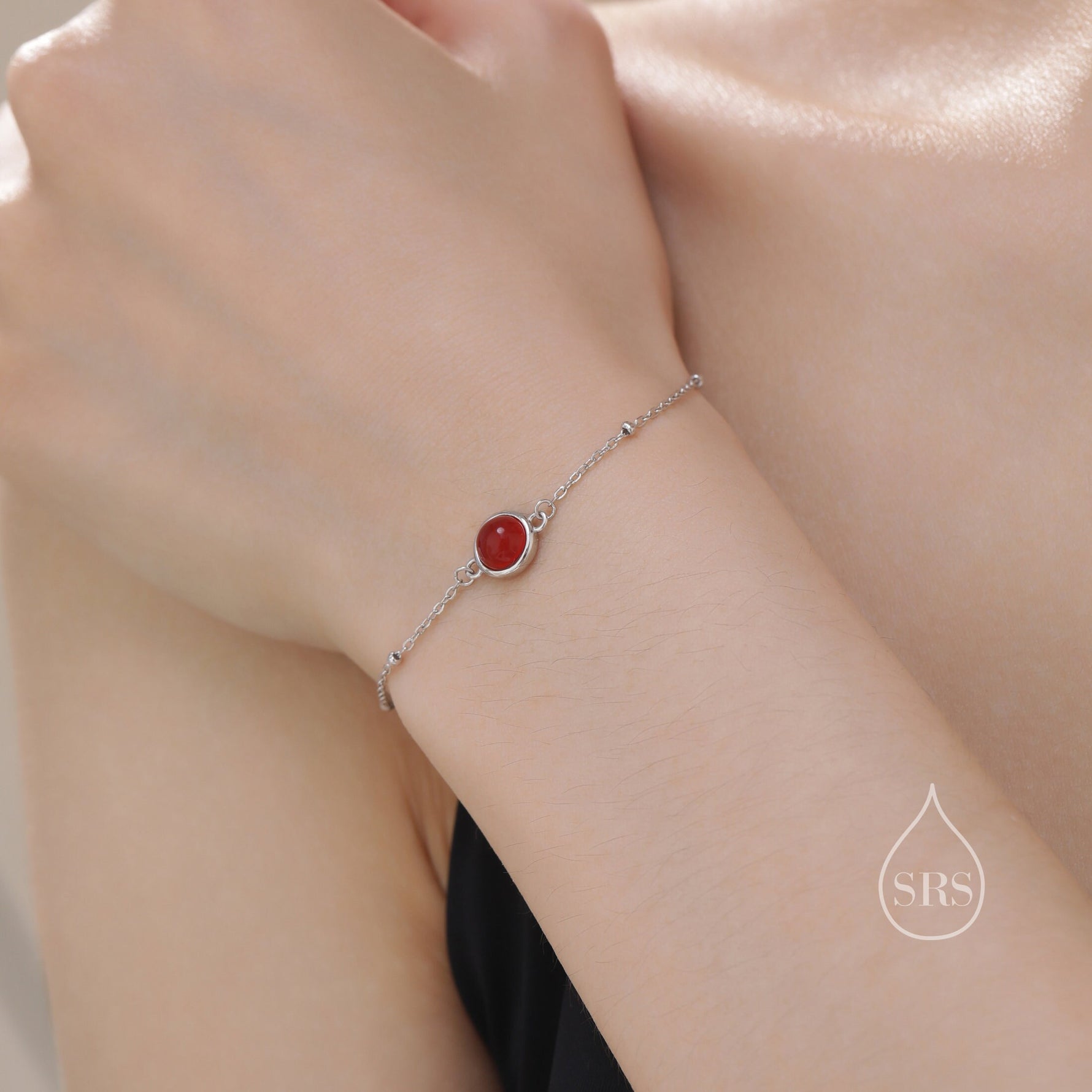 Genuine Red Onyx Bracelet in Sterling Silver, Natural Red Onyx Bracelet, Silver Single Red Carnelian Bracelet with Satellite Chain