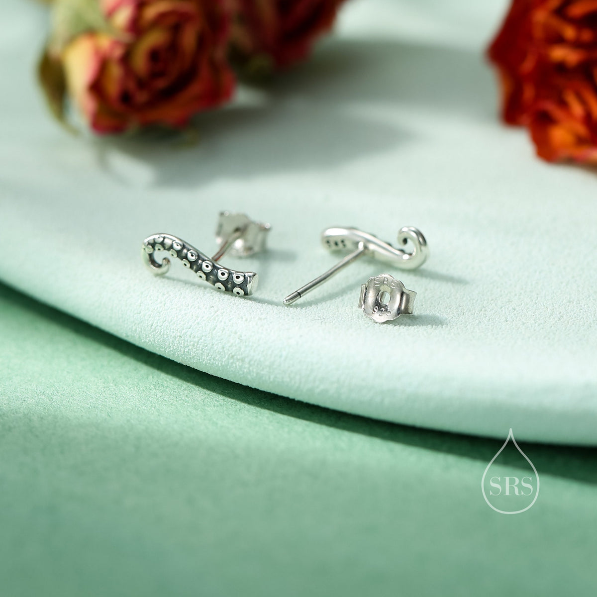 Octopus Tentacle Stud Earrings in Sterling Silver, Silver or Gold, Dainty Earrings, Nature Inspired Animal Earrings