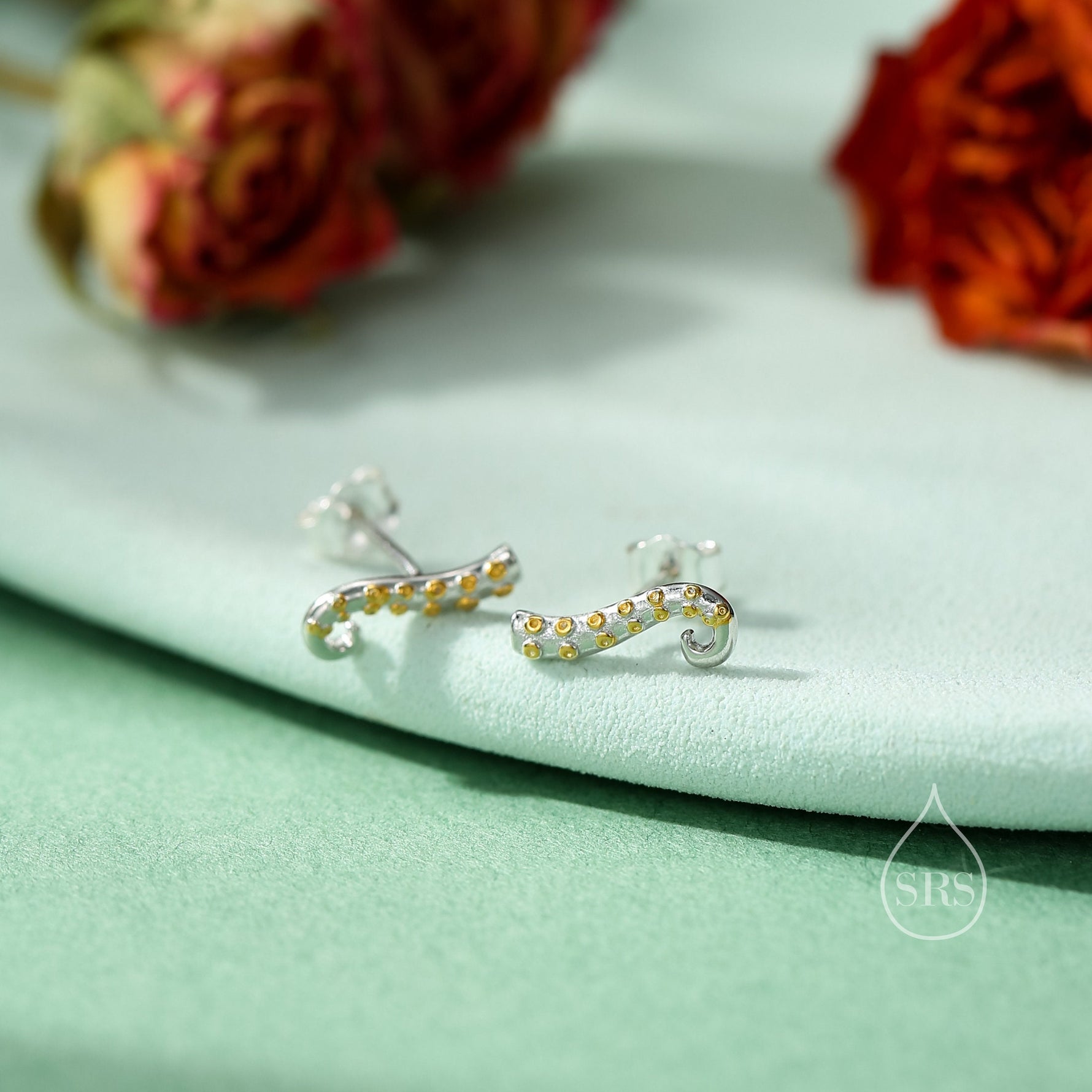 Octopus Tentacle Stud Earrings in Sterling Silver, Silver or Gold, Dainty Earrings, Nature Inspired Animal Earrings