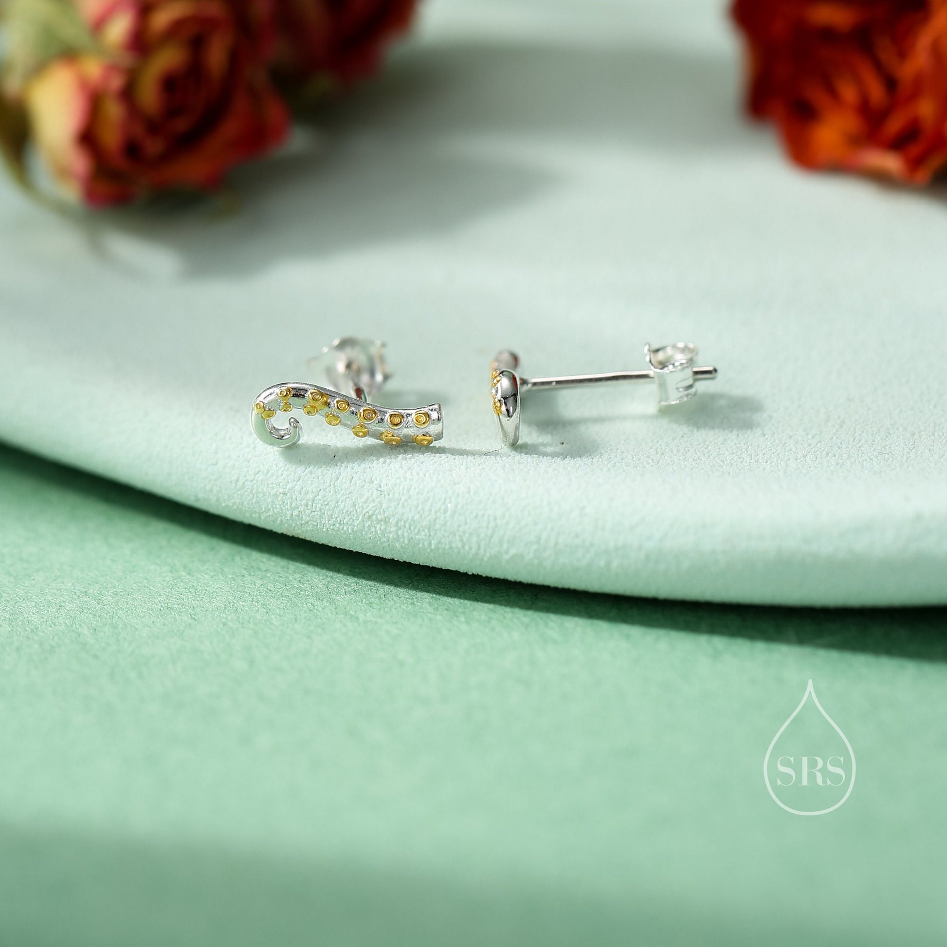 Octopus Tentacle Stud Earrings in Sterling Silver, Silver or Gold, Dainty Earrings, Nature Inspired Animal Earrings